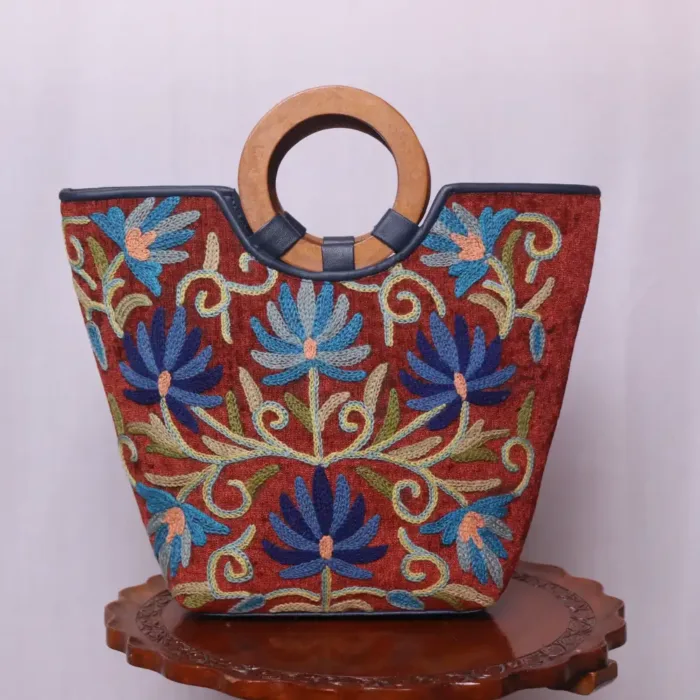 Brown Velvet Basket Bag With Hand Aari Work