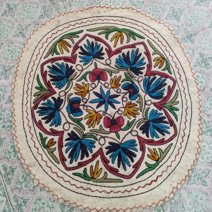 Circular Wool Namda Rug with Hand Aari Chinari Embroidery (3 ft)