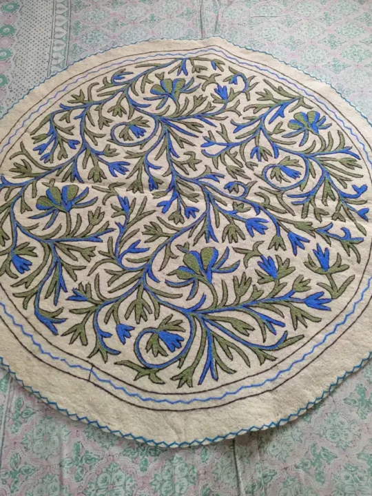 Elegant Circular Namda Crafted from Wool with Blue Green Brances Aari Embroidery (5 ft)