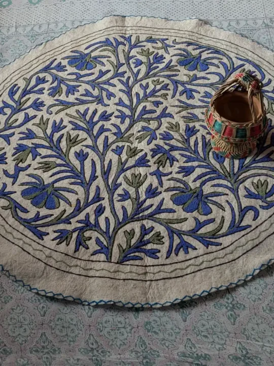 Soft Wool Circular Namda with Blue Handcrafted Aari Details (5 ft)