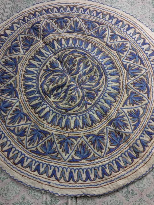 Round Kashmiri Wool Namda with Blue Intricate Hand Aari Work (5 ft)