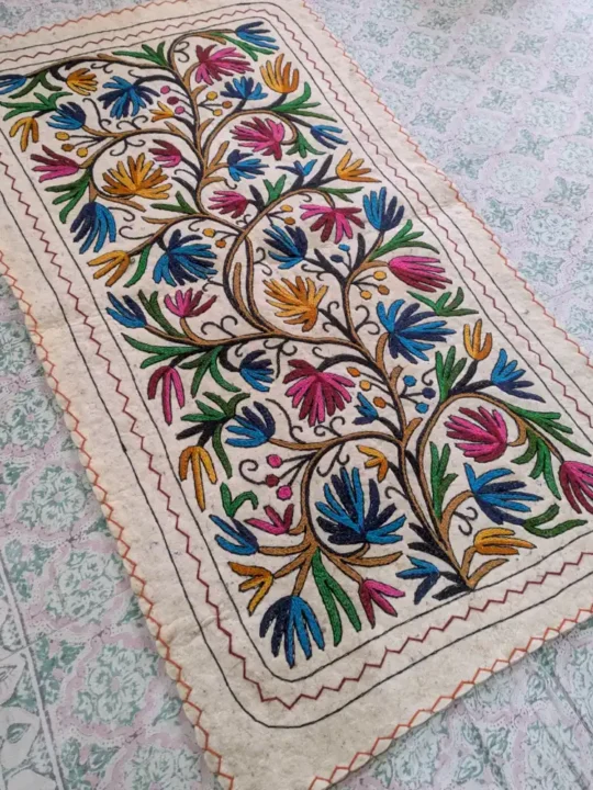 Soft Colorful Rectangular Wool Rug (Namda) with Classic Kashmiri Aari Embroidery (5x3 ft)