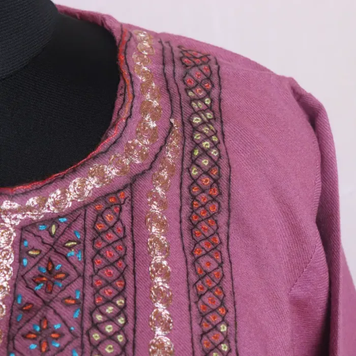 Dual Shade Designer Pink Raffal Pheran With Hand Sozni Embroidery - Image 2