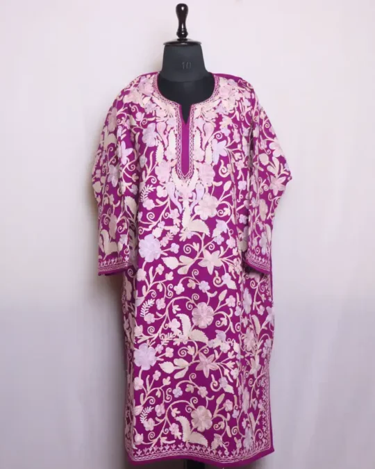 Purple Cashmilon Pheran with Elegent All Over Jaal Aari Embroidery - Ramsha