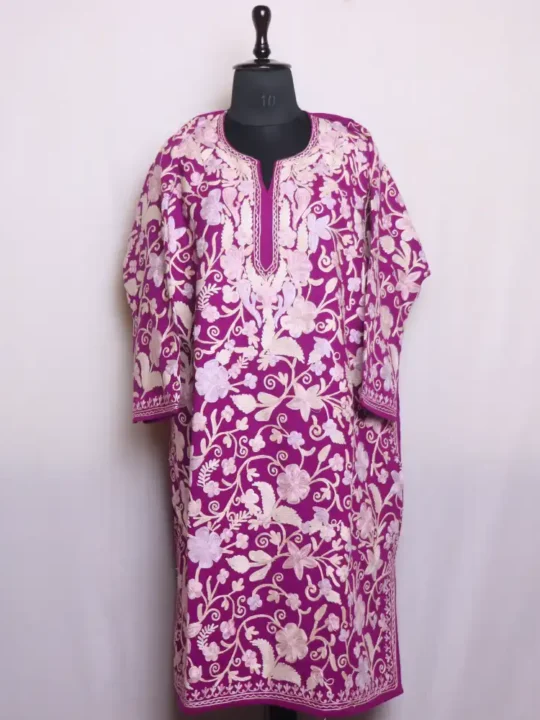 Purple Cashmilon Pheran with Elegent All Over Jaal Aari Embroidery - Ramsha