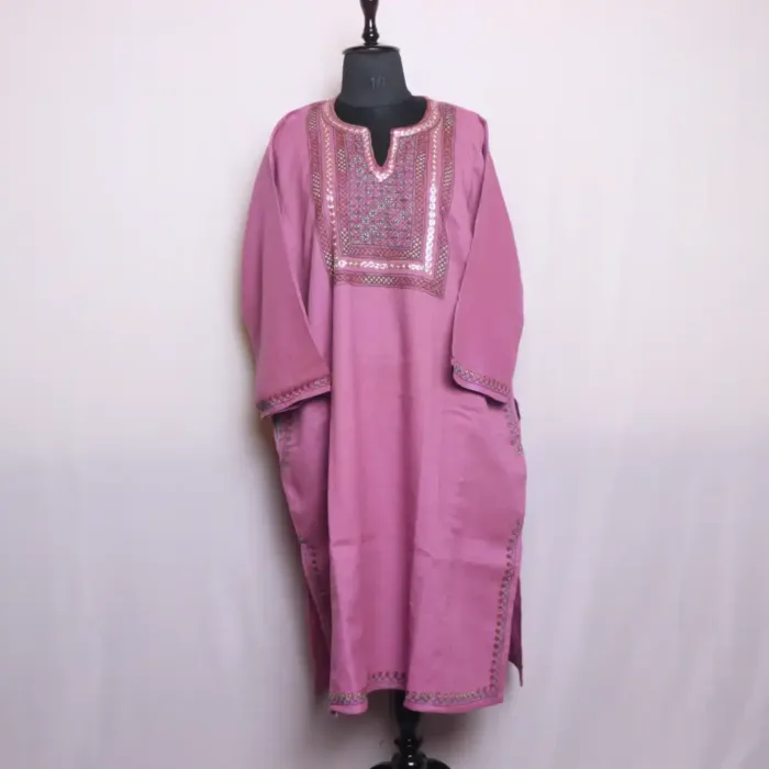 Dual Shade Designer Pink Raffal Pheran With Hand Sozni Embroidery