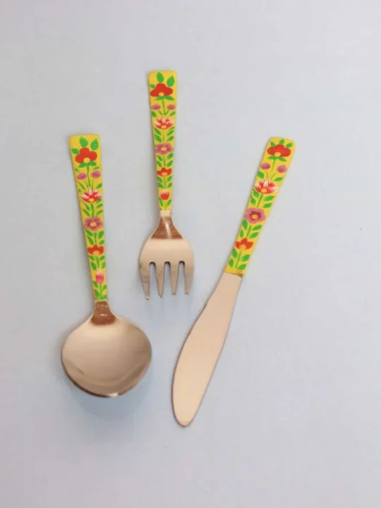 Steel Enamel Handpainted Cutlery Set | Fork, Knife, Spoon | Yellow Rose