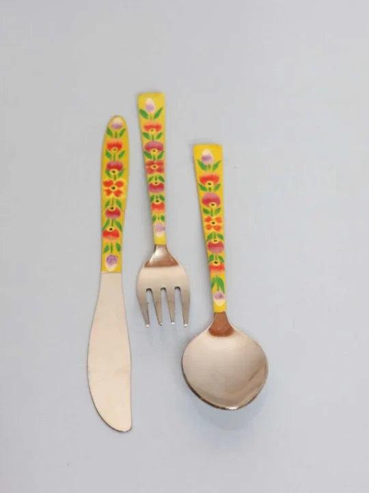 Steel Enamel Handpainted Cutlery Set | Fork, Knife, Spoon | Yellow Tulip