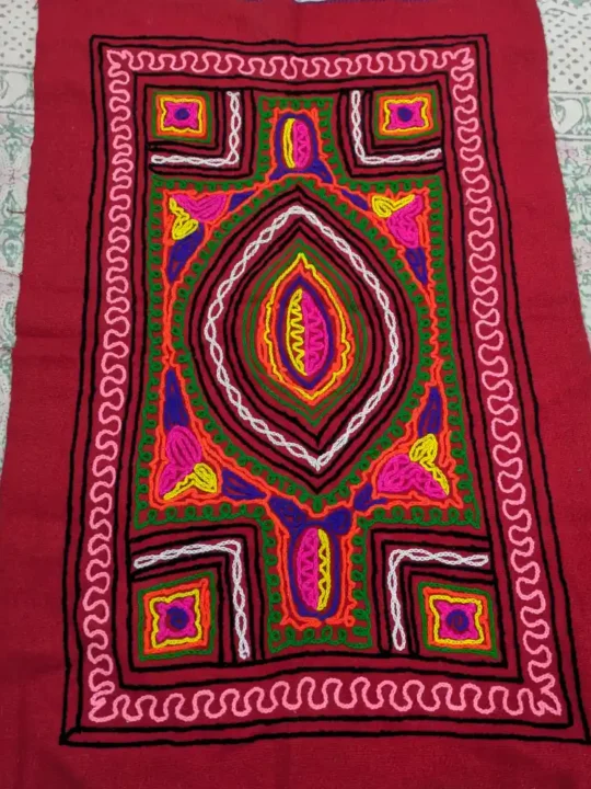 Red Hand Embroidered Kashmiri Gabba Rug with Geometric Design | 3*2Feet | 1 Piece