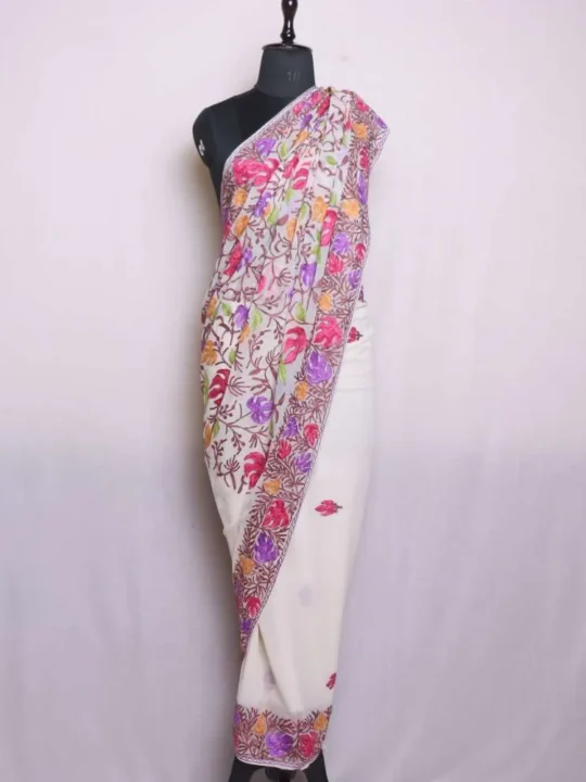 Cream Georgette Saree with Multicolor Floral All Over Jaal Aari Embroidery - Dal Lake Collection