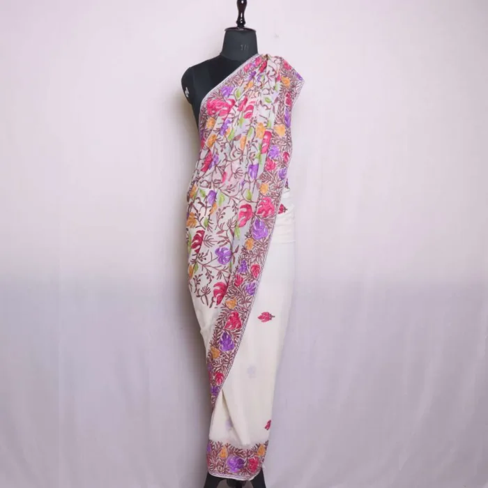 Cream Georgette Saree with Multicolor Floral All Over Jaal Aari Embroidery - Dal Lake Collection