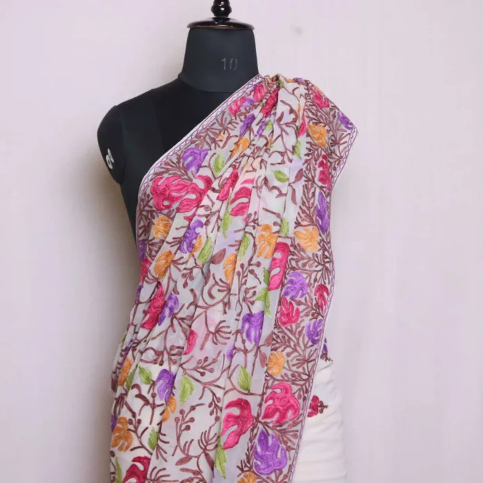 Cream Georgette Saree with Multicolor Floral All Over Jaal Aari Embroidery - Dal Lake Collection - Image 2