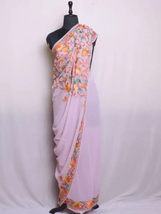 Baby Pinkish Georgette Saree with Intricate Multicolor Floral Jaal Aari Embroidery - Dal Lake Collection