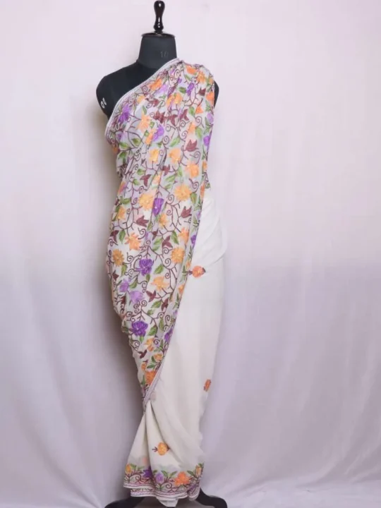 Kashmiri Cream Georgette Saree with All Over Multicolor Floral Jaal Aari Work - Dal Lake Collection
