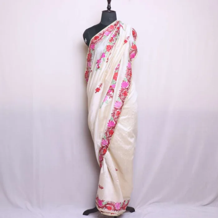 Elegant Cream Tussar Silk Saree with Multicolour Shaakh Aari Work - Nowshera Collection