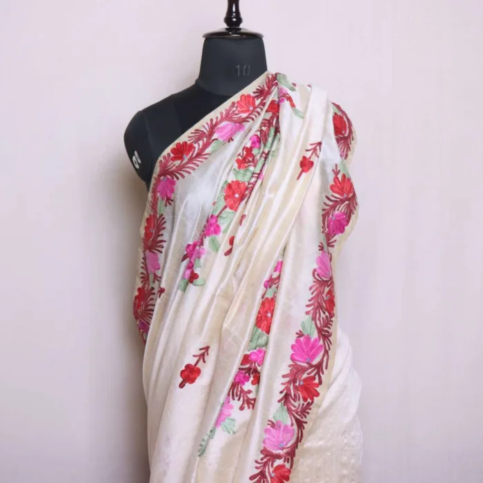 Elegant Cream Tussar Silk Saree with Multicolour Shaakh Aari Work - Nowshera Collection - Image 2