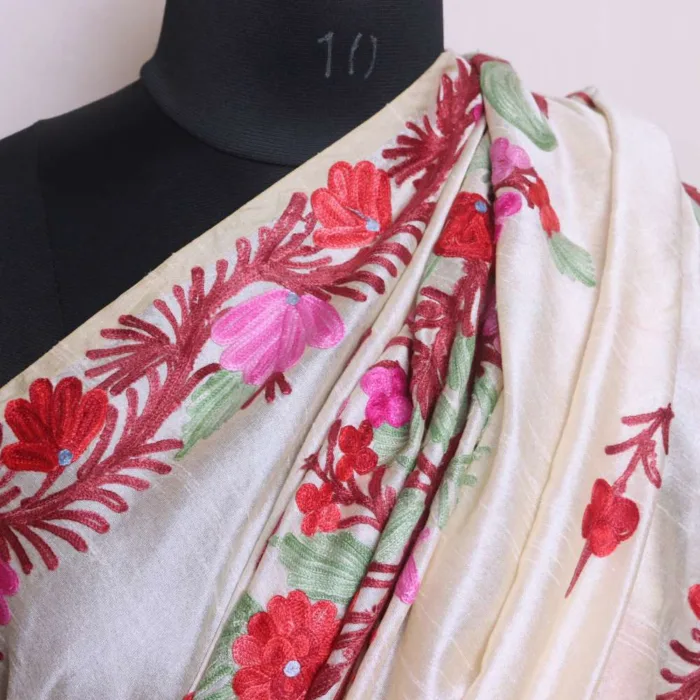 Elegant Cream Tussar Silk Saree with Multicolour Shaakh Aari Work - Nowshera Collection - Image 3