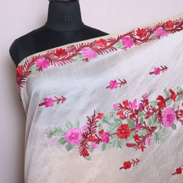 Elegant Cream Tussar Silk Saree with Multicolour Shaakh Aari Work - Nowshera Collection - Image 4