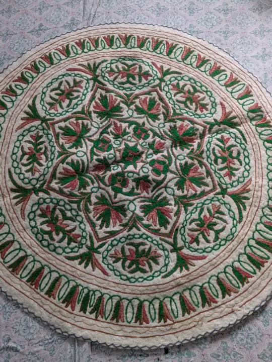 Handcrafted Circular Wool Rug with Green & Brown Traditional Aari Embroidery (5 ft)