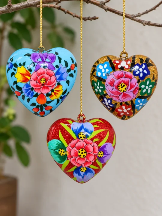 Set of 3 Heart-Shaped Hanging Paper Machie Balls with Hand-Painted Art