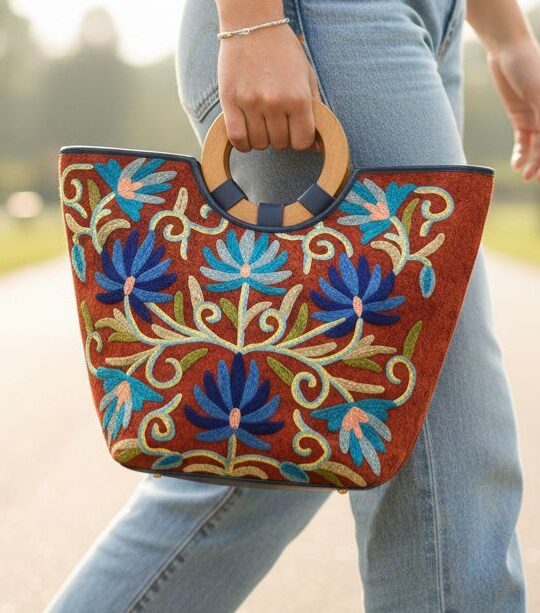 Brown Velvet Basket Bag With Hand Aari Work