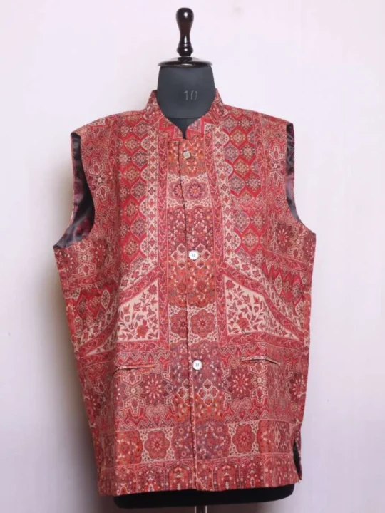 Elegent Maroon Trekoon Kani Men's Waist Coat | Nehru Jacket - Sonwar Collection