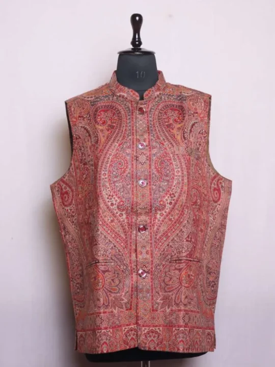 Classic Maroon Big Paisely Kani Men's Waist Coat | Nehru Jacket - Sonwar Collection