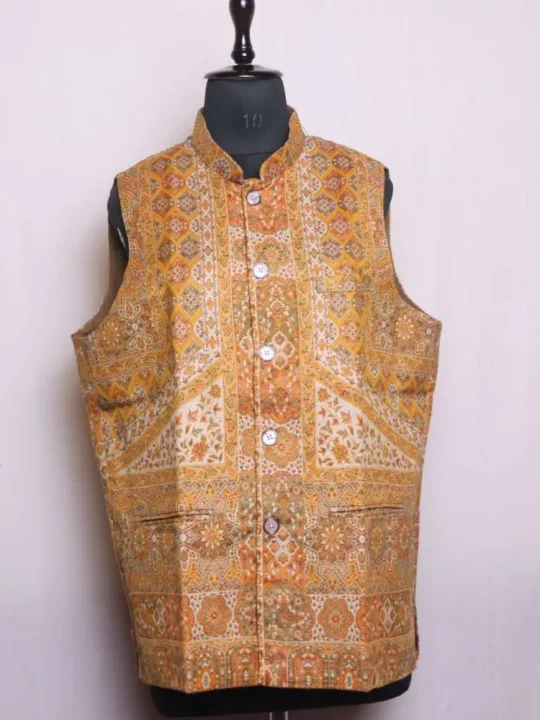 Mustard TreKoon Kani Men's Waist Coat | Nehru Jacket - Sonwar Collection