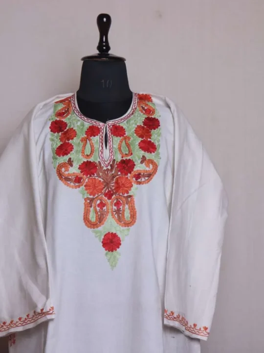 White Cashmilon Aari Embroidered Pheran | Phiran - Chattabal Collection [52, 43]