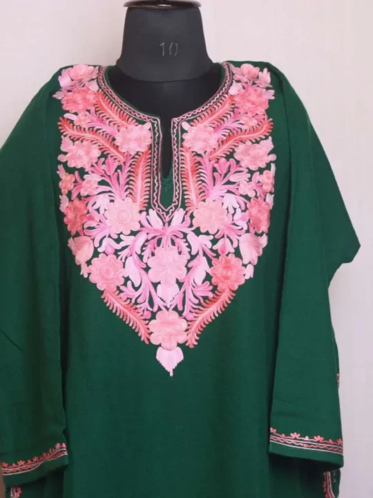 Graceful Dark Green Aari Embroidered Cashmilon Pheran - Gupkari Collection