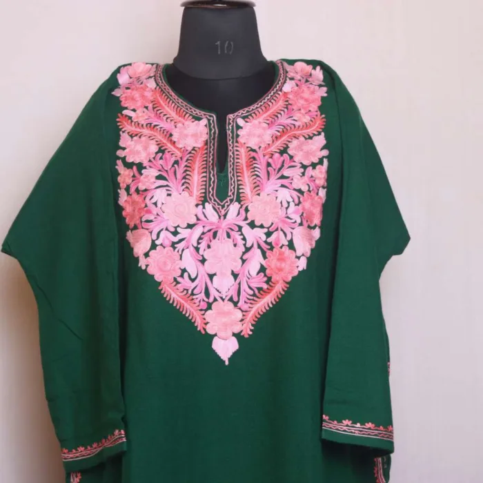 Graceful Dark Green Aari Embroidered Cashmilon Pheran - Gupkari Collection