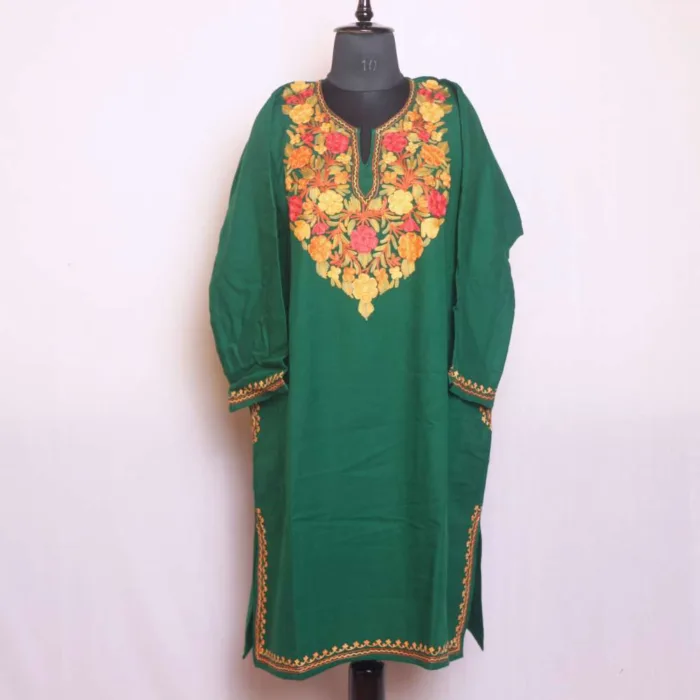 Dark Green Cashmilon Pheran | Feran Featuring Red Flower Aari Embroidery - Gupkari Collection - Image 2