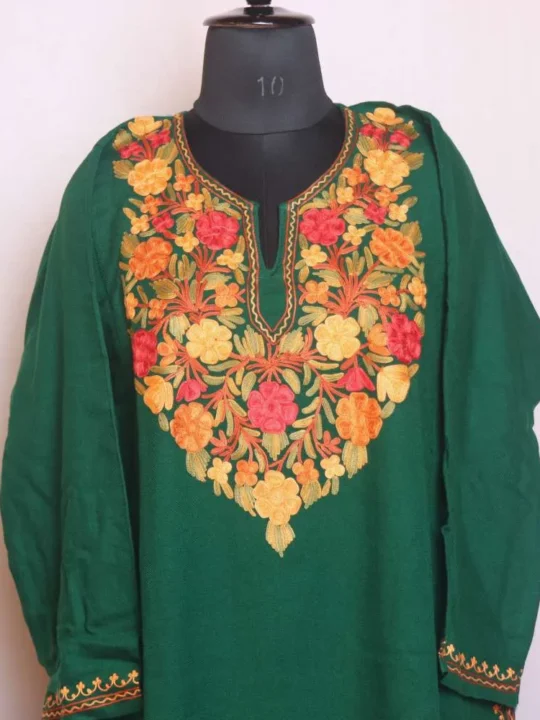 Dark Green Cashmilon Pheran | Feran Featuring Red Flower Aari Embroidery - Gupkari Collection