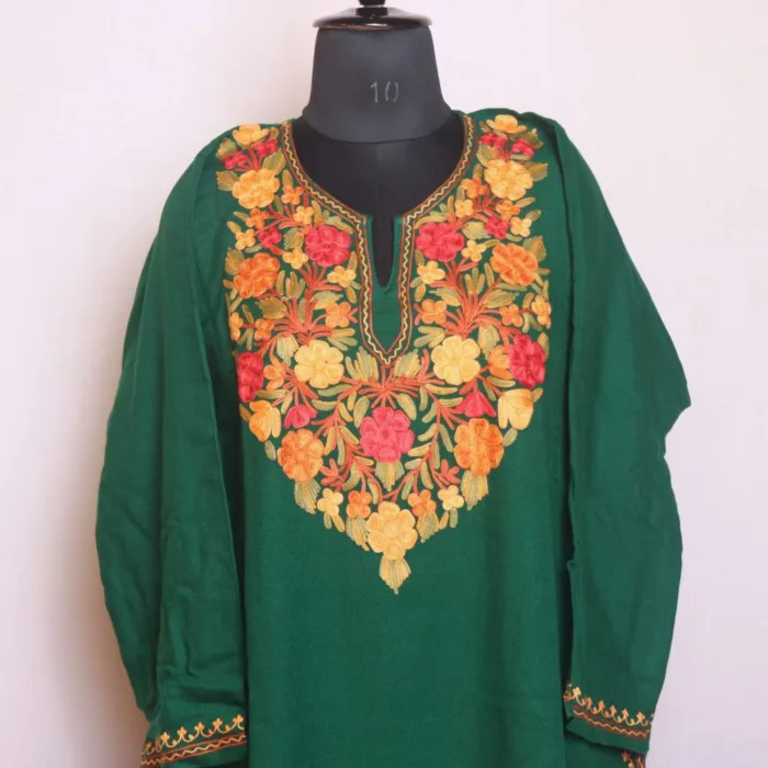 Dark Green Cashmilon Pheran | Feran Featuring Red Flower Aari Embroidery - Gupkari Collection