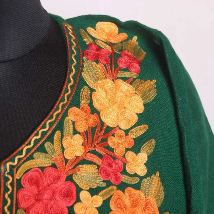 Dark Green Cashmilon Pheran | Feran Featuring Red Flower Aari Embroidery - Gupkari Collection - Image 3