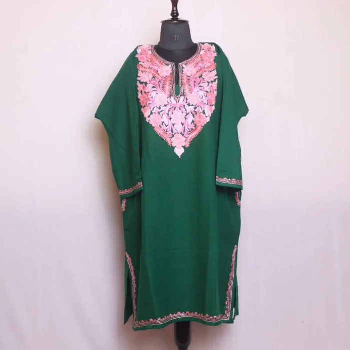 Graceful Dark Green Aari Embroidered Cashmilon Pheran - Gupkari Collection - Image 3