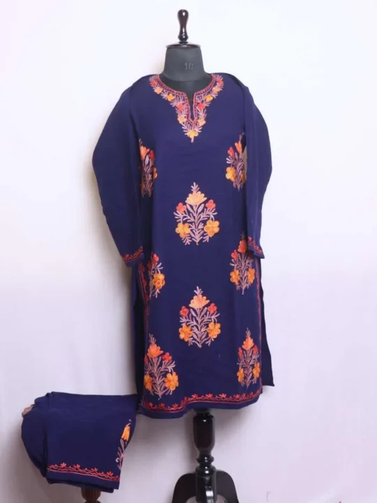 Royal Blue  Boothidar Woolen Kurta Set with Aari Embroidery - Nowshera Collection