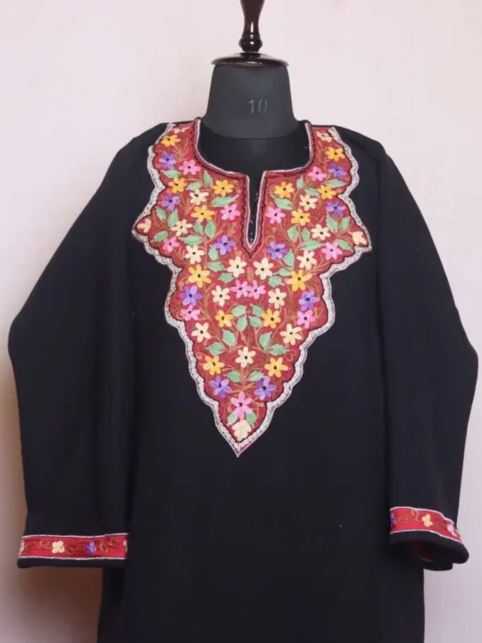 Elegant Black Aari and Zari Fleece Tweed Pheran | Phiran - Sonwari Collection [54, 42]