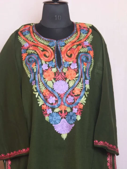 Elegant Olive Green Aari Embroidered Winter Cashmilon Pheran - Sonwari Collection