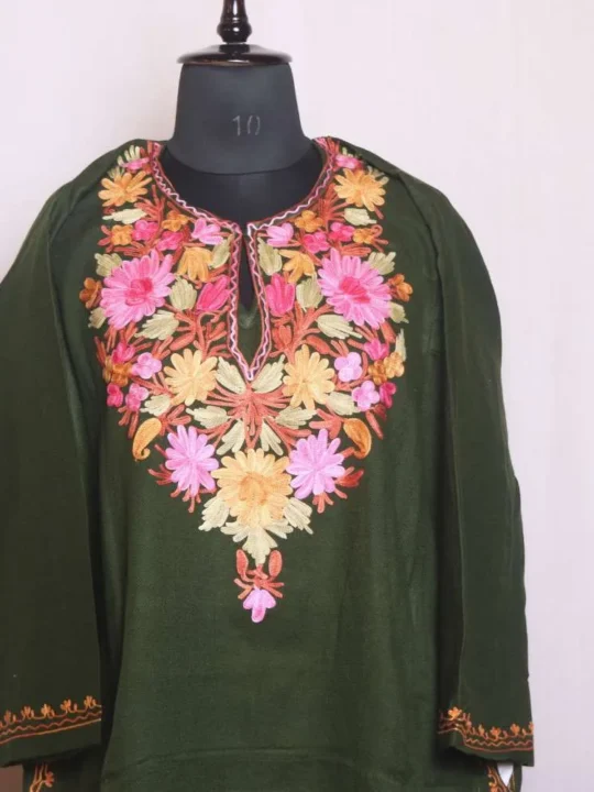 Stylish Olive Green Cashmilon Pheran | Feran Showcasing Aari Embroidery - Sonwar Collection