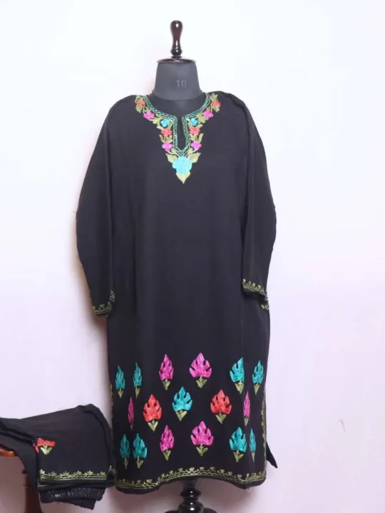 Elegant Black Cashmilon Aari Worked Border Boothidar Woolen Pheran Set for Winter Wear - Saidakadal Collection
