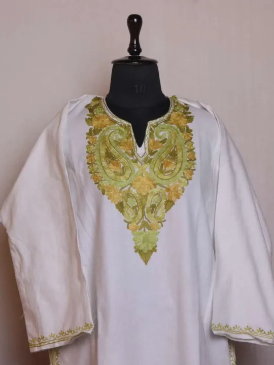 Soft and Stylish White Aari Embroidered Pheran | Feran - Chattabal Collection