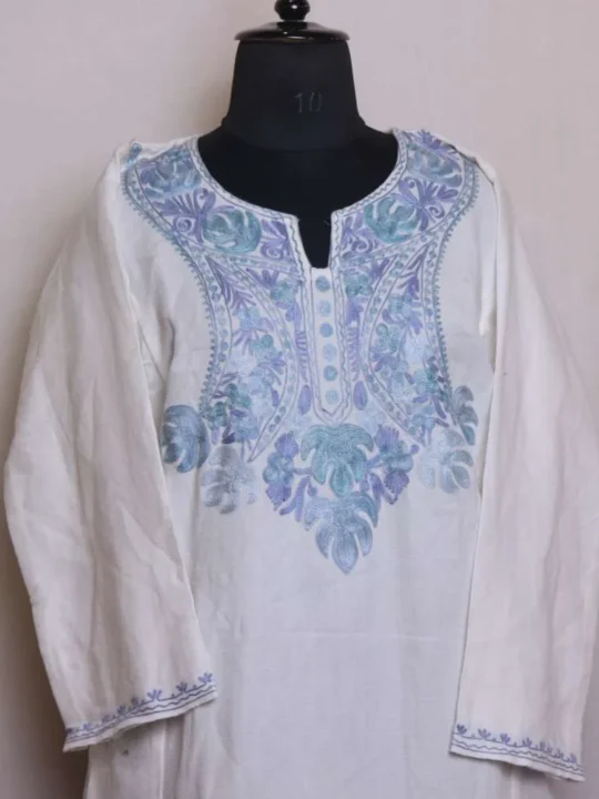Elegant Off White Cashmilon Pheran with Intricate Aari Embroidery | Saida-Kadal Collection