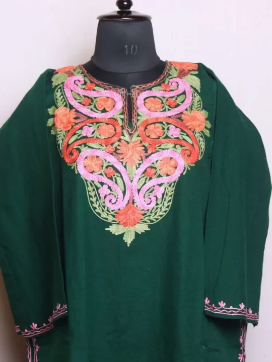 Elegant Dark Green Cashmilon Pheran with Intricate Aari Work - Dal Lake Collection