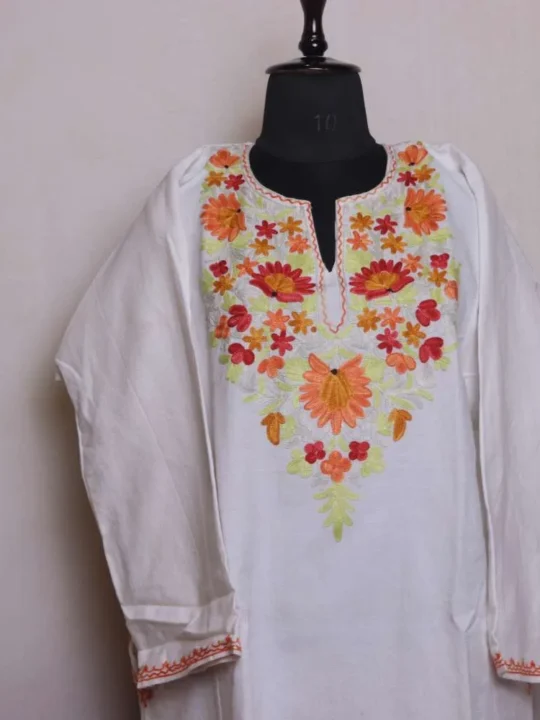 Stylish White Aari Embroidered Cashmilon Pheran for Winter Wear - Saidakadal Collection