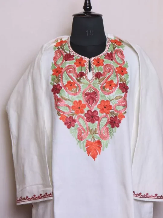 Elegent White Cashmilon Pheran with Elegant Aari Patterns - Saidakadal Collection