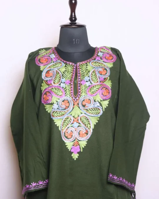 Sophisticated Olive Green Aari Embroidered Pheran for Winter Wear - Dal Lake Collection