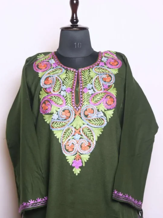 Sophisticated Olive Green Aari Embroidered Pheran for Winter Wear - Dal Lake Collection