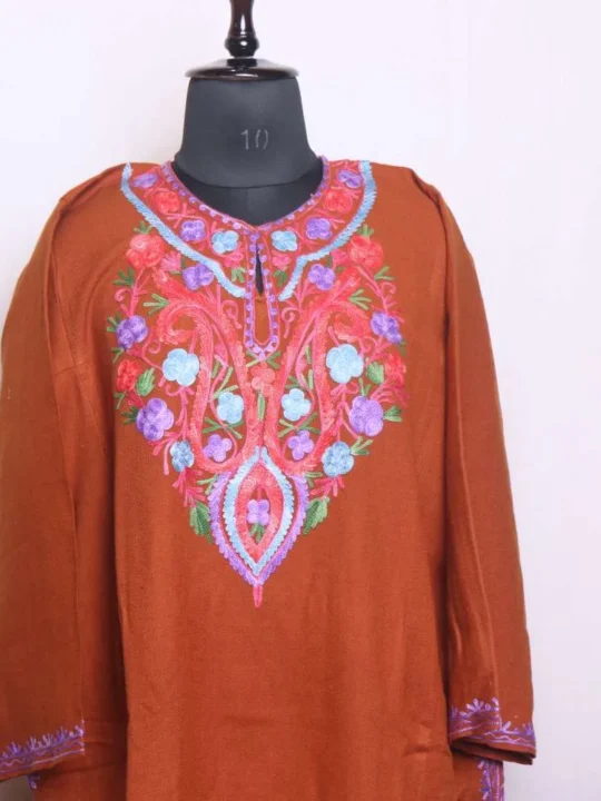 Stylish Brown Kashmiri Pheran with Aari Embroidery on Cashmilon - Dal Lake Collection
