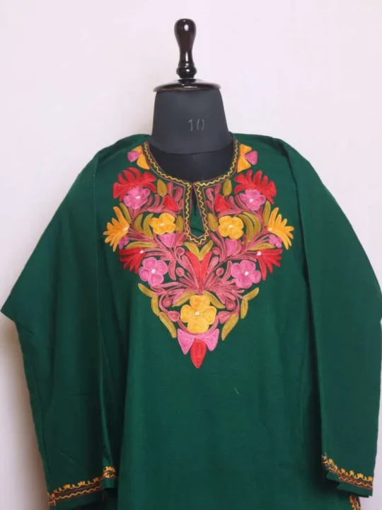 Stylish Dark Green Cashmilon Pheran with Artistic Aari Embroidery | Saida-Kadal Collection